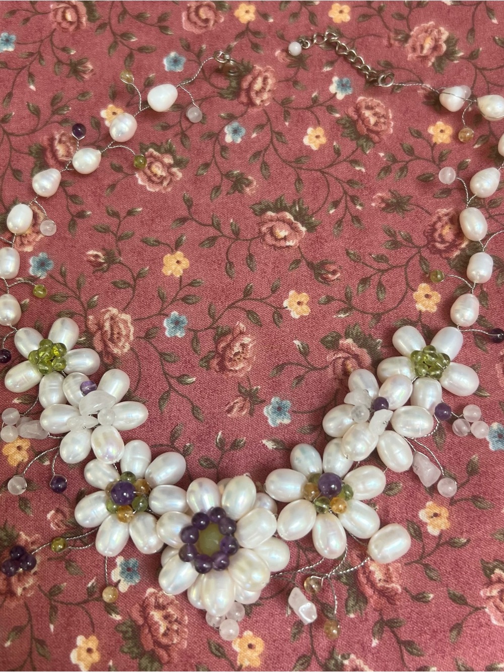 Artisan Pearl Floral Statement Necklace with Green & Purple Accents